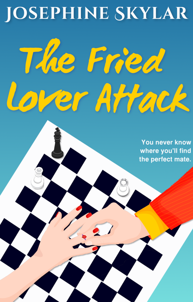 An image of a book cover for a book titled "The Fried Lover Attack." It shows a man's hand putting a ring on a woman's finger above a chessboard.