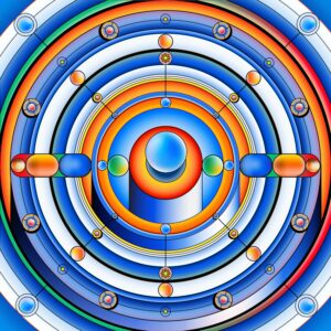 An image of circles wthin circles within circles, culminating in a sphere on a pedestal at the center, in blues and oranges. The impression is of a compass having a nervous breakdown.