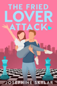 An image of a book cover titled "The Fried Lover Attack," in which a man is playfully holding a woman up, one hand around her back and the other under her knees, as she gestures joyfully towards the viewer. In the background is a chessboard with an oversized king and queen.