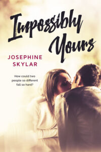 The cover for the book "Impossibly Yours," featuring a man and a woman kissing. His back is to the camera; he is wearing a black leather jacket. She has on a white sweater and has folded her hands in front of her. She is facing the viewer but her eyes are closed.