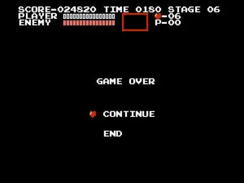 A screen from the Nintendo game Castlevania, showing that the player has no health. On a black screen are the words "GAME OVER" and then a choice between the options "CONTINUE" and "END."