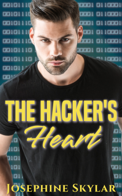 The cover of the book "The Hacker's Heart," featuring a picture of a handsome dark-haired man in a black T-shirt looking at the viewer, with binary code in the background.